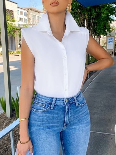 

Simple Casual Short Sleeveless Blouse, White, Tunics