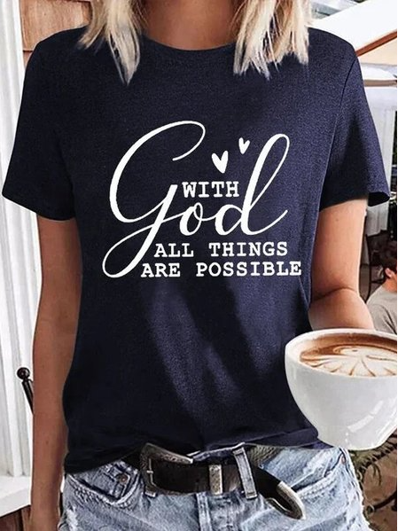 

Round Neck Letter Regular Fit Short Sleeve T-Shirt, Dark blue, T-Shirts