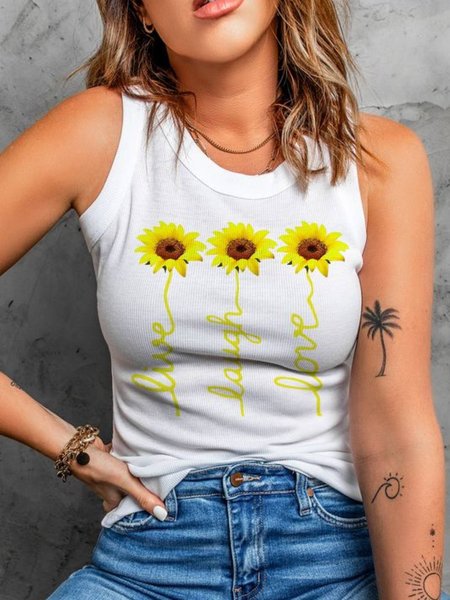 

Round Neck Casual Knit Tank, White, Tank Top