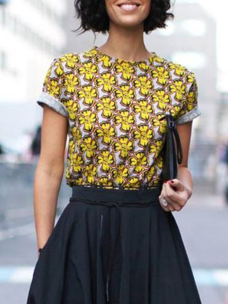 

Crew Neck Floral Printed Short Sleeve Top, Yellow, Tops