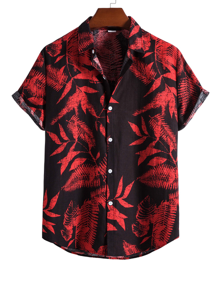Cotton Linen Botanical Floral Print Lapel Cozy Linen Shirt, Red, Shirts ＆ Blouse
