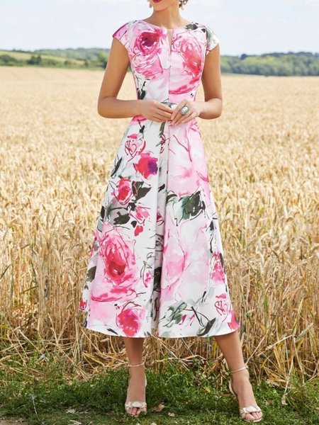 

Summer V neck Elegant Short Sleeve Woven Short sleeve Dress, Pink, Maxi Dresses