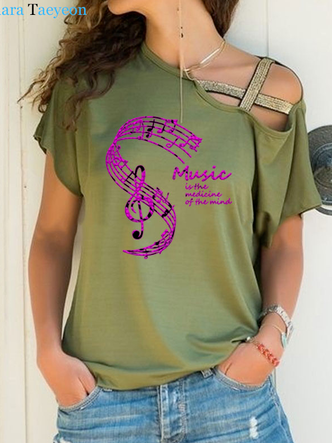 

One Shoulder Casual Letter Short Sleeve Tops, Green, T-Shirts