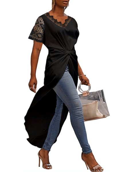 

Summer V neck Short sleeve Elegant Short Sleeve Daily Lightweight Tops, Black, Tops