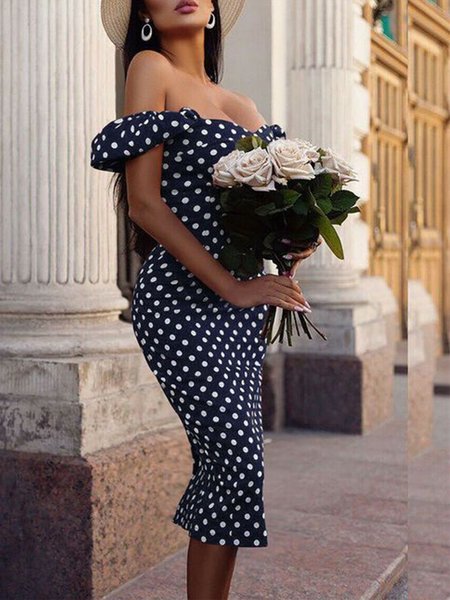 

Elegant Off The Shoulder Short Sleeve Woven Dress, Black, Midi Dresses