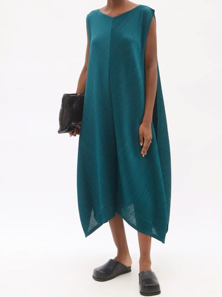 

Simple Loosen V Neck Short Sleeve Woven Midi Dress, Green, Midi Dresses