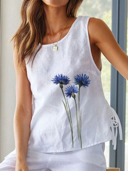 

Loosen Casual Floral Printed Woven Tank, White, Tanks & Camis