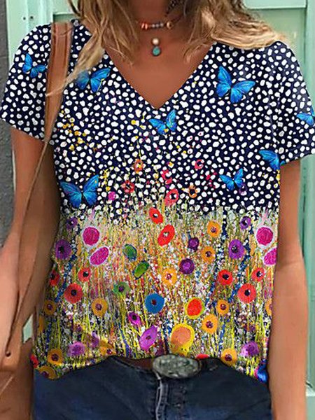 

Floral Butterfly Polka Dots Casual Loosen V Neck Short Sleeve T-Shirt, Flower, T-Shirts