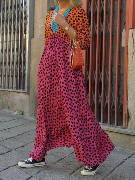 

Leopard 3/4 Sleeves V Neck Plus Size Casual Dresses, Rose red, Maxi Dresses