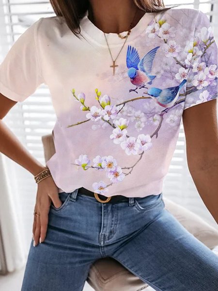 

Floral And Bird Regular Fit Casual Short Sleeve T-Shirt, Multicolor, T-Shirts
