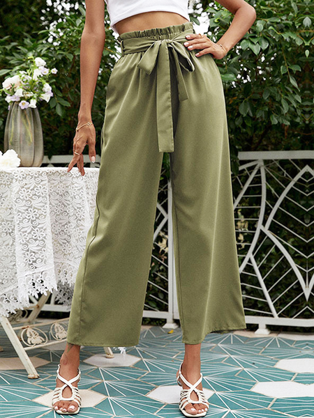 

Elastic Mid-High Waist Nine-Point Casual Bud Bandage Wide-Leg Pants Women, Army green, Pants