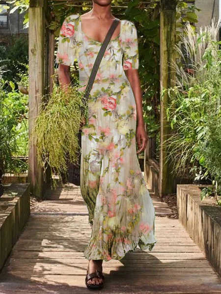 

Vacation Floral Short Sleeve Women Dress, Multicolor, Maxi Dresses
