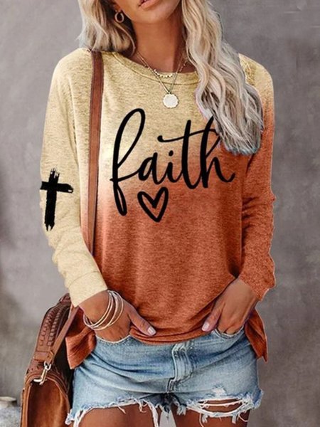 

Faith Letter Crew Neck Long Sleeve T-Shirt, Multicolor, Long sleeve tops