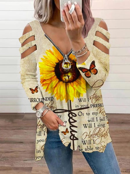 

Letter Casual V Neck Long Sleeve T-Shirt, Khaki, Long sleeve tops