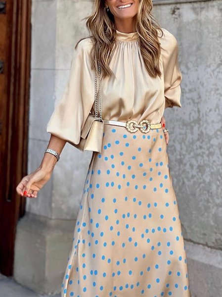 

Satin Stand Collar Short Sleeve Top, Khaki, Tops