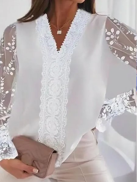 

Vintage Art Classic Vacation loosen Floral v neck women Shirts & Tops, White, Tunics