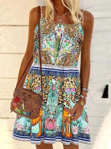 

Leopard Sleeveless Plus Size Casual Spaghetti Dresses, Multicolor, Mini Dresses
