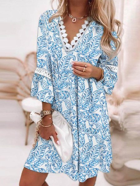 

V Neck Loosen Vacation Three Quarter Woven Dress, Blue, Mini Dresses