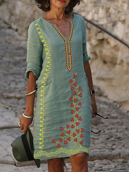 

Tribal Floral Casual Long Sleeve Woven Dress, Green, Mini Dresses