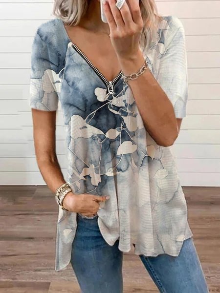 

Casual V Neck Leaves Raglan Sleeve Short Sleeve Tops, Blue, T-Shirts