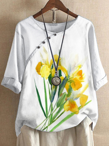 

Crew Neck Loosen Floral Long Sleeve Tops, White, T-Shirts
