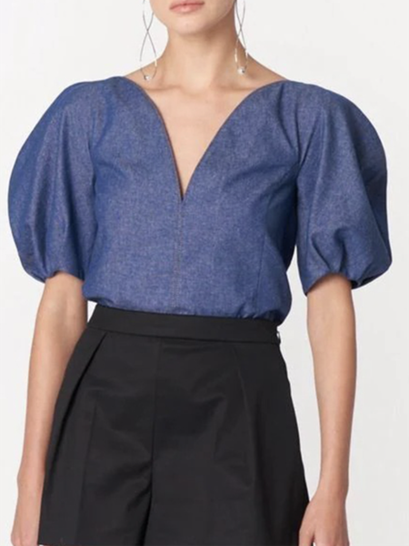

Simple Solid V Neck Short Sleeve Top, Blue, Tops