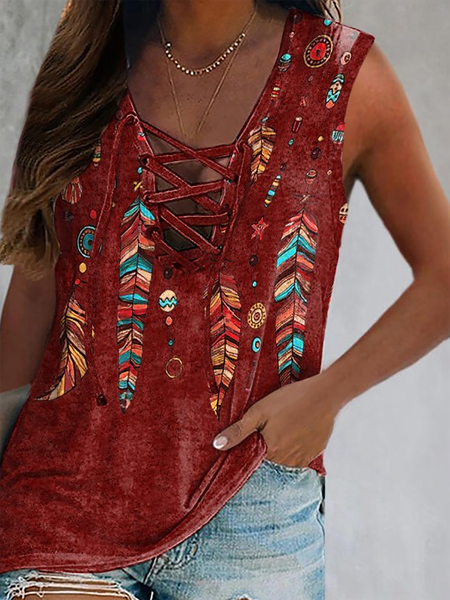 

Plus size Feather Boho Printed Casual Tank Tops, As picture, Tank Top