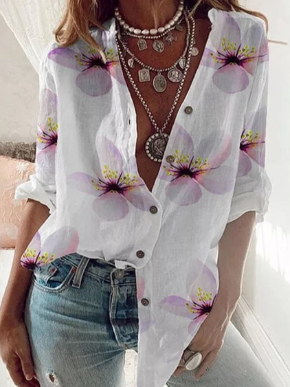 

Loosen Vacation Floral V Neck Long Sleeve Blouse, White, Shirts & Blouses