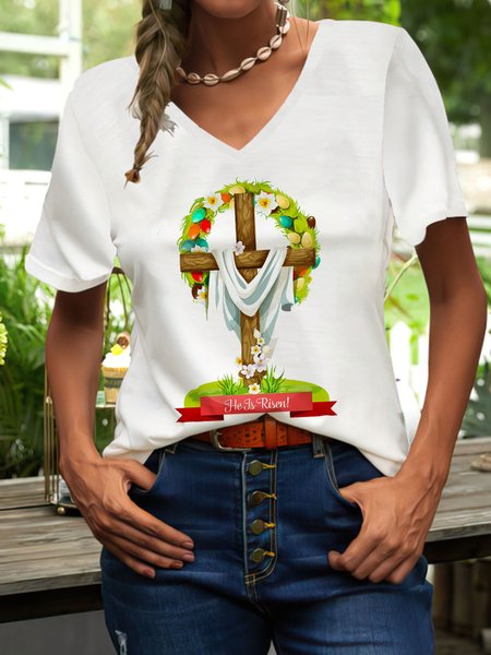 

Loosen Floral Casual Short Sleeve Tops V neck Plants, White, T-Shirts