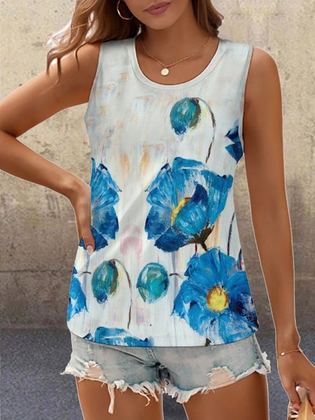 

Casual Simple Floral Print Crew Neck Tank Top, As picture, Tank Tops