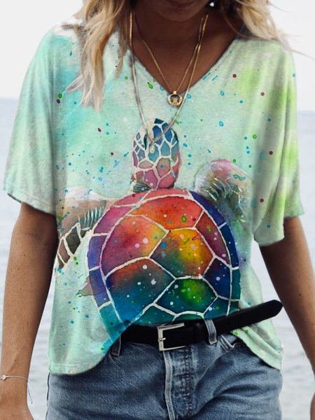 

Sea ​​Turtle Short Sleeves V Neck Plus Size Casual T-Shirt, Multicolor, T-Shirts