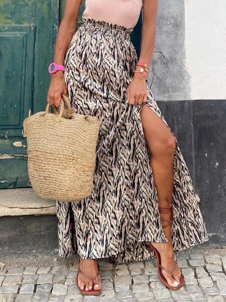 

Flowing line print early spring casual long skirt, Brown, Skirts