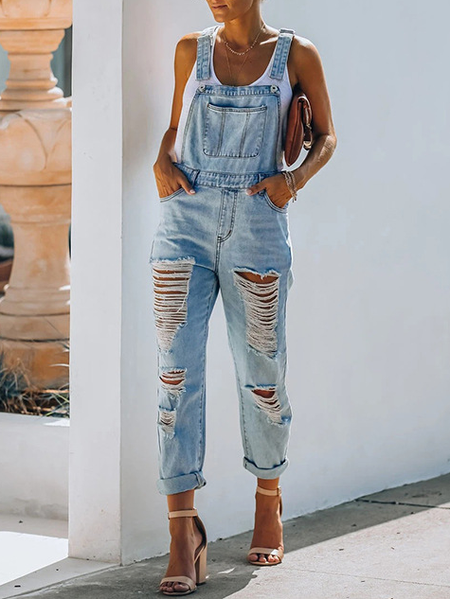 

Denim Square Neck Regular Fit Jumpsuit & Romper, Blue, Jumpsuits＆Rompers