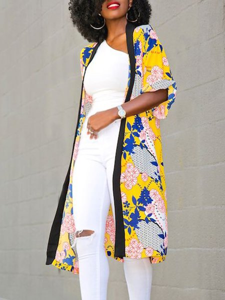 

Half sleeve Vacation Boat Neck Floral Cardigan, Yellow, Kimonos