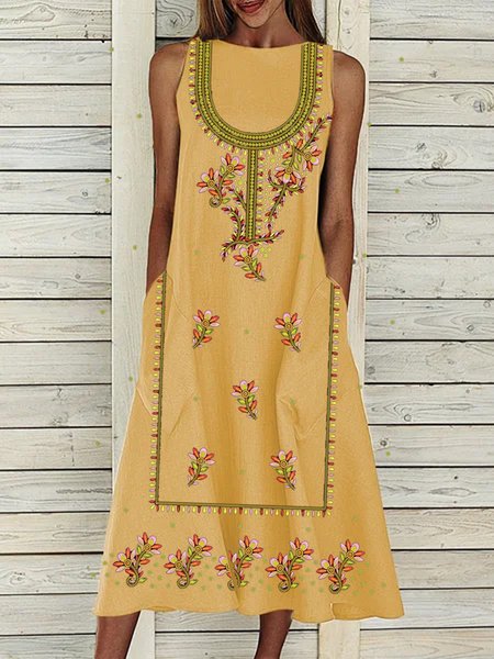 

Tribal Floral Cotton Blends Loosen Casual Short Sleeve women Dress, Yellow, Dresses