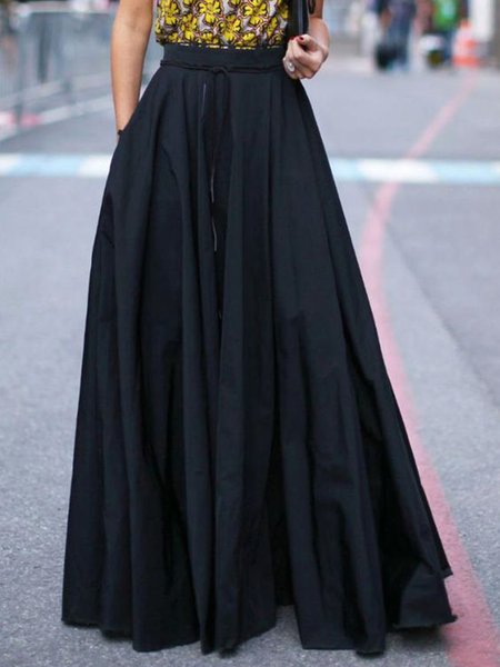 

Formal Solid Simple Long A LineA Skirt, Black, Maxi Skirts