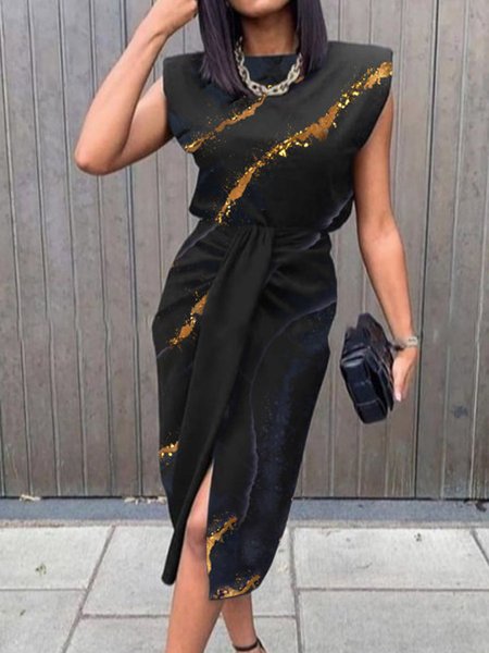 

Abstract V Neck Short Sleeve Knit Dress, Black, Midi Dresses