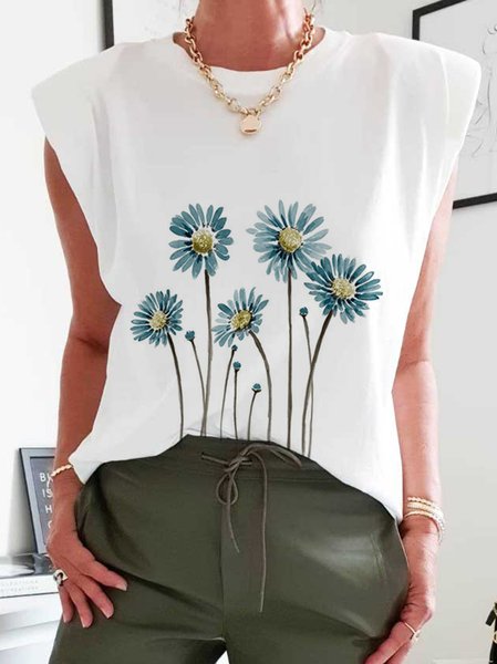 

Floral Printed Sleeveless Knit Tank, White, Tanks & Camis