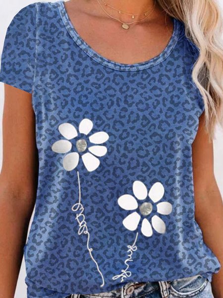 

Romantic Leopard Floral Printed Casual Loosen Crew Neck Vacation Short Sleeve T-Shirt, Flower, T-Shirts