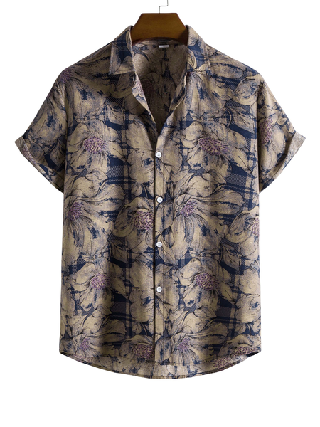 

Cotton Linen Botanical Floral Print Lapel Cozy Linen Shirt, As picture, Men's Floral shirt