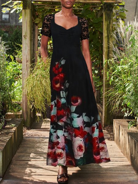 

Casual Floral V Neck Short Sleeve Knit Dress, Black, Maxi Dresses