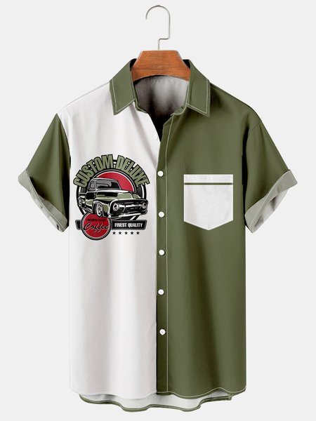 

Mens Retro Racing Cars Lapel Loose Chest Pocket Short Sleeve Funky Hawaiian Shirts, Green, Men's Floral shirt