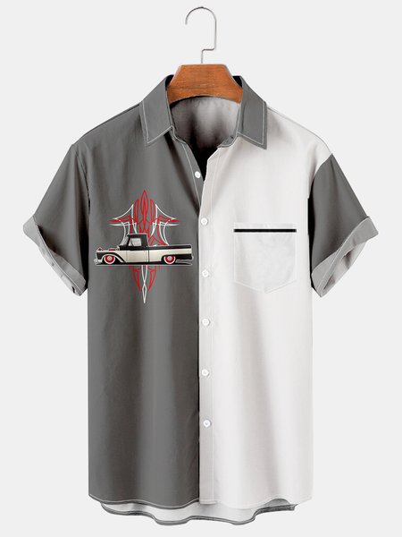 

Mens Retro Racing Cars Lapel Loose Chest Pocket Short Sleeve Funky Hawaiian Shirts, White, Men's Floral shirt