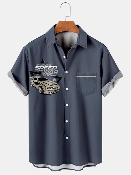 

Mens Retro Racing Cars Lapel Loose Chest Pocket Short Sleeve Funky Hawaiian Shirts, Blue, Men's Floral shirt