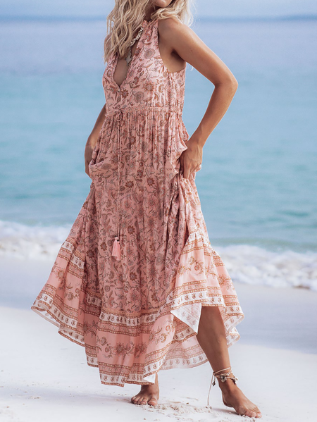 

Plus size Boho V Neck Floral Sleeveless Holiday Dress, Multicolor, Maxi Dresses