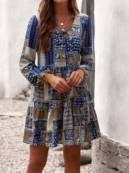 

Paisley Long Sleeve Woven Dress, Royal blue, Mini Dresses