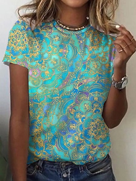 

Casual Short Sleeve Round Neck Plus Size Printed Tops T-shirts, Multicolor, T-Shirts