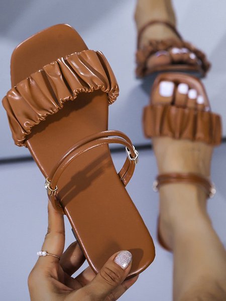 Solid Color Crinkled Adjustable Metal Button Sandals, Brown, Sandals