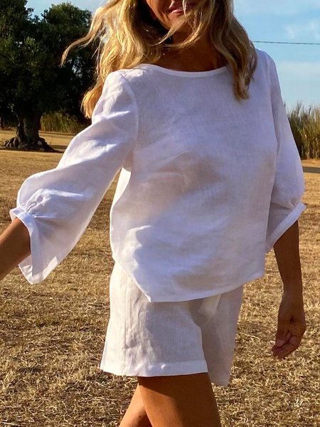 

Solid Casual Long Sleeve Tops, White, Tops