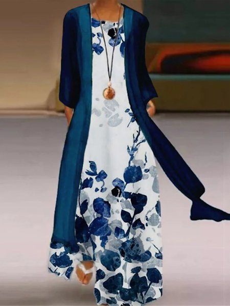

Casual Floral Loosen Sleeveless Two Piece Sets, Blue, Maxi Dresses